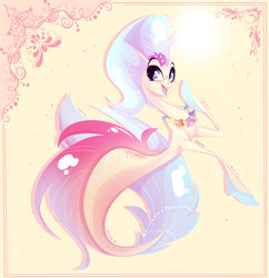 Size: 1998x2064 | Tagged: safe, artist:marbola, character:princess skystar, species:seapony (g4), g4, angler seapony, bioluminescent, blue eyes, curvy, cute, female, fins, fish tail, flower, flower in hair, freckles, glow, open mouth, seashell necklace, signature, simple background, skyabetes, smiling, solo