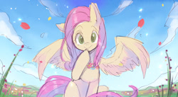 Size: 1342x733 | Tagged: safe, artist:hosikawa, character:fluttershy, species:pegasus, species:pony, cloud, colored pupils, cute, ear down, female, looking at you, mare, petals, shyabetes, sky, solo, spread wings, wings