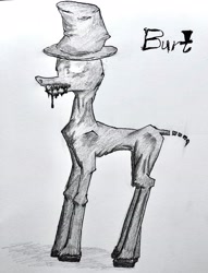 Size: 2496x3267 | Tagged: safe, artist:kopaleo, oc, oc:burt, species:earth pony, species:pony, black and white, bone, clothing, creepy, grayscale, hat, monochrome, mouth, pen, pencil, ponified, skeleton, solo, tar, top hat, traditional art