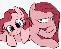 Size: 744x600 | Tagged: safe, artist:manachaaaaaaaa, character:pinkamena diane pie, character:pinkie pie, species:earth pony, species:pony, cute, diapinkes, duality, female, mare, pixiv, ponidox, prone, self ponidox, simple background, smiling, white background
