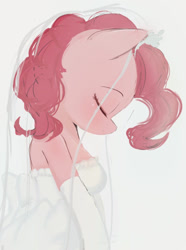 Size: 763x1024 | Tagged: safe, artist:manachaaaaaaaa, character:pinkie pie, species:anthro, clothing, cute, diapinkes, dress, eyes closed, female, gloves, head down, long gloves, pixiv, profile, smiling, solo, strapless, wedding dress, wedding veil