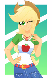 Size: 2136x3168 | Tagged: safe, artist:xan-gelx, character:applejack, my little pony:equestria girls, clothing, commission, cowboy hat, female, geode of super strength, hat, high res, magical geodes, one eye closed, solo, wink, winking at you