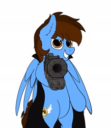 Size: 1783x2048 | Tagged: safe, artist:aaathebap, oc, oc only, species:anthro, species:pegasus, species:pony, cape, clothing, ear fluff, grin, gun, looking at you, shotgun, smiling, weapon, wings