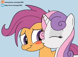 Size: 3337x2443 | Tagged: safe, artist:eagc7, character:scootaloo, character:sweetie belle, species:pegasus, species:pony, species:unicorn, ship:scootabelle, blushing, female, kiss on the cheek, kissing, ko-fi, lesbian, mare, older, older scootaloo, older sweetie belle, patreon, shipping, smiling