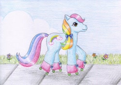Size: 900x630 | Tagged: safe, artist:normaleeinsane, character:rainbow dash (g3), bow, female, hair bow, roller skates, solo, traditional art