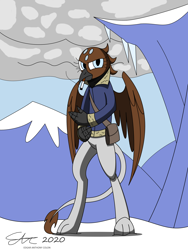 Size: 1920x2560 | Tagged: safe, artist:derpanater, oc, oc only, oc:gwen, species:griffon, fallout equestria, ciggarette, clothing, commission, jacket, smoking, snow, standing, wings
