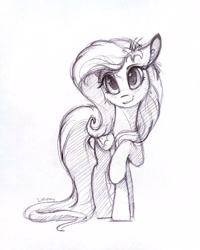Size: 2400x3000 | Tagged: safe, artist:lollipony, character:fluttershy, species:pegasus, species:pony, cute, female, flower, flower in hair, grayscale, mare, monochrome, raised hoof, shyabetes, simple background, sketch, solo, traditional art, white background