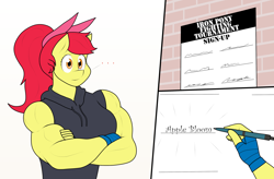 Size: 2048x1346 | Tagged: safe, artist:matchstickman, character:apple bloom, species:anthro, species:earth pony, species:pony, ..., apple bloom's bow, apple brawn, biceps, bow, breasts, busty apple bloom, clothing, deltoids, female, hair bow, mare, matchstickman's apple brawn series, muscles, muscular female, older, older apple bloom, poster, signature, simple background, sleeveless sweater, solo, sweater, tournament, tumblr comic, tumblr:where the apple blossoms, white background
