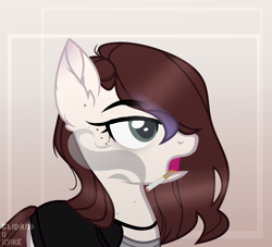 Size: 2160x1962 | Tagged: safe, artist:rerorir, oc, oc only, oc:cut crease, species:earth pony, species:pony, choker, cigarette, clothing, female, freckles, jacket, leather jacket, mare, open mouth, shirt, smoke, smoking, solo, t-shirt