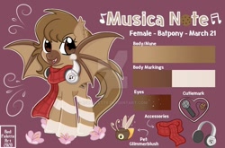 Size: 1280x845 | Tagged: safe, artist:redpalette, oc, oc:musica note, species:bat pony, species:pony, bee, clothing, commissions open, cookie, cute, female, flower, food, headphones, insect, mare, pet, reference sheet, scarf, smiling