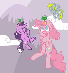 Size: 556x598 | Tagged: safe, artist:coggler, character:derpy hooves, character:pinkie pie, character:screwball, species:pegasus, species:pony, clothing, cloud, cloudy, confused, female, flight, flying, happy, hat, mare, propeller hat, swirly eyes