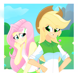 Size: 3448x3264 | Tagged: safe, artist:xan-gelx, character:applejack, character:fluttershy, my little pony:equestria girls, blushing, clothing, cowboy hat, female, hat, redraw, remake, smiling, stetson, tank top