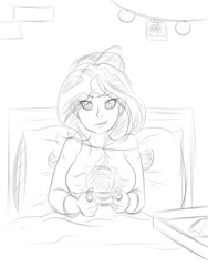 Size: 1500x2000 | Tagged: safe, artist:albertbm, character:sunset shimmer, my little pony:equestria girls, bed, black and white, food, grayscale, monochrome, picture, pizza, playing, sketch, tongue out
