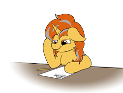Size: 3220x2452 | Tagged: safe, artist:aaathebap, oc, oc only, oc:cinderheart, species:pony, species:unicorn, bored, female, homework, mare, paper, pencil, simple background, solo, spongebob reference, table, transparent background