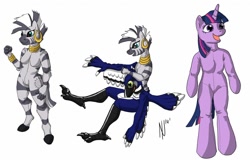 Size: 1280x819 | Tagged: safe, artist:dombrus, character:twilight sparkle, character:zecora, species:zebra, clopfic in description, furry, fursuit, layers, ponysuit, simple background, story included, tl;dr, white background