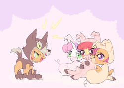 Size: 500x357 | Tagged: safe, artist:kkmrarar, character:apple bloom, character:babs seed, character:scootaloo, character:sweetie belle, species:earth pony, species:pegasus, species:pony, species:unicorn, episode:one bad apple, g4, my little pony: friendship is magic, adorababs, adorabloom, animal costume, babs seed song, big babs wolf, clothing, costume, cute, cutealoo, cutie mark crusaders, diasweetes, female, filly, pig costume, three little pigs, wolf costume