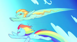 Size: 500x274 | Tagged: safe, artist:kkmrarar, character:lightning dust, character:rainbow dash, species:pegasus, species:pony, episode:wonderbolts academy, cloud, female, flying, mare, racing, sky, smiling, spread wings, wings