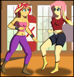 Size: 1994x2089 | Tagged: safe, artist:physicrodrigo, part of a set, character:fluttershy, character:sunset shimmer, my little pony:equestria girls, armlet, belly button, belt, boots, breasts, caulifla, clothing, commission, cosplay, costume, dojo, dragon ball super, duo, female, fist, high res, kale, looking at each other, martial arts, midriff, pants, part of a series, punching bag, raised foot, raised hand, shirt, shoes, shorts, smiling, story in the source, training, transformation, transformation sequence, tube top, wristband