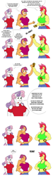 Size: 1280x4264 | Tagged: safe, artist:matchstickman, character:apple bloom, character:scootaloo, character:sweetie belle, species:anthro, species:earth pony, species:pegasus, species:pony, species:unicorn, abs, apple brawn, biceps, breasts, busty apple bloom, busty scootaloo, busty sweetie belle, clothing, comic, cutie mark crusaders, deltoids, dialogue, female, fingerless gloves, fist bump, gloves, mare, matchstickman's apple brawn series, muscles, muscular female, older, older apple bloom, older scootaloo, older sweetie belle, one eye closed, shirt, simple background, speech bubble, trio, tumblr comic, tumblr:where the apple blossoms, white background, wink