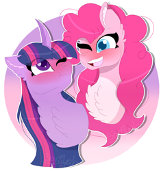 Size: 4700x5000 | Tagged: safe, artist:tomboygirl45, character:pinkie pie, character:twilight sparkle, species:pony, ship:twinkie, absurd resolution, blushing, chest fluff, curved horn, cute, diapinkes, ear fluff, female, horn, lesbian, one eye closed, shipping, twiabetes