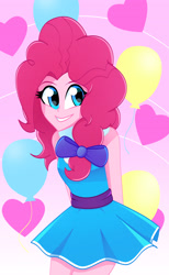 Size: 2084x3386 | Tagged: safe, artist:xan-gelx, commissioner:imperfectxiii, character:pinkie pie, my little pony:equestria girls, arm behind back, balloon, bow, clothing, commission, cute, diapinkes, hair bow, heart, looking at you, skirt, smiling, solo