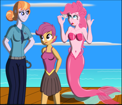 Size: 4000x3465 | Tagged: safe, artist:physicrodrigo, part of a set, character:copper top, character:pinkie pie, character:scootaloo, species:pegasus, species:pony, series:equestria mermaids, my little pony:equestria girls, arm behind back, belly button, breasts, busty pinkie pie, busty scootaloo, clothing, cloud, dress, equestria girls-ified, female, hand cuffs, hands up, high res, holding up, id card, mermaid, mermaidized, midriff, ocean, open mouth, part of a series, pier, pleated skirt, police officer, puddle, seashell bra, skirt, skirtaloo, smiling, species swap, story included, trio, trio female