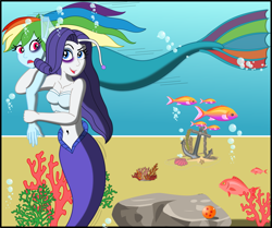 Size: 2251x1885 | Tagged: safe, artist:physicrodrigo, part of a set, character:rainbow dash, character:rarity, series:equestria mermaids, my little pony:equestria girls, anchor, angler fish, arm grab, belly button, black eye, breasts, bubble, busty rarity, cleavage, clothing, coral, disappearing clothes, dragon ball (object), duo, duo female, earfins, female, fight, fish, high res, mermaid, mermaidized, midriff, motion lines, ocean, open mouth, part of a series, rock, shirt, shoulder throw, smiling, species swap, story included, torn clothes, underwater