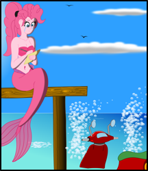 Size: 1772x2050 | Tagged: safe, alternate version, artist:physicrodrigo, part of a set, character:pinkie pie, species:bird, series:equestria mermaids, my little pony:equestria girls, alternate ending, april fools joke, avengers: infinity war, bad end, belly button, breasts, bubble, busty pinkie pie, cleavage, cloud, crying, disintegration, fake, faker than a three dollar bill, female, frown, hans christian andersen, i don't feel so good, implied applejack, implied death, mermaid, mermaidized, midriff, moped, ocean, paper, part of a series, pen, pier, ponytail, sad, scooter, sea foam, seashell bra, sitting, solo, species swap, the little mermaid, writing