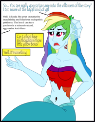 Size: 1654x2122 | Tagged: safe, artist:physicrodrigo, part of a set, character:rainbow dash, series:equestria mermaids, my little pony:equestria girls, annoyed, author avatar, behind the scenes, belly button, clothing, deadpool, dialogue, dialogue box, earfins, female, fourth wall, gills, hand behind back, mermaid, mermaidized, midriff, offscreen character, open mouth, papyrus (font), part of a series, raised hand, shirt, simple background, sitting, solo, species swap, speech bubble, text box, transparent background