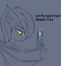 Size: 2777x3000 | Tagged: safe, artist:snowstormbat, oc, oc:midnight snowstorm, species:bat pony, species:pony, destiny (game), glowing eyes, gun, halo, looking down, male, simple background, sketch, solo, stallion, text, weapon