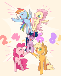 Size: 500x625 | Tagged: safe, artist:kkmrarar, character:applejack, character:fluttershy, character:pinkie pie, character:rainbow dash, character:twilight sparkle, character:twilight sparkle (unicorn), species:earth pony, species:pegasus, species:pony, species:unicorn, episode:games ponies play, g4, my little pony: friendship is magic, eyes closed, female, mare, open mouth, pony pile, scene interpretation, sweat, sweatdrop, tower of pony, trembling
