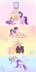 Size: 950x1920 | Tagged: safe, artist:kkmrarar, character:angel bunny, character:fluttershy, character:rainbow dash, character:rarity, character:spike, character:twilight sparkle, character:twilight sparkle (unicorn), species:bird, species:dragon, species:pegasus, species:pony, species:unicorn, episode:magical mystery cure, g4, my little pony: friendship is magic, a true true friend, box, cauldron, cloud, colored pupils, cutie mark, element of kindness, female, groucho mask, male, mare, picture, scene interpretation, sky, tied up, wet mane