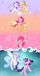 Size: 511x960 | Tagged: safe, artist:kkmrarar, character:applejack, character:fluttershy, character:pinkamena diane pie, character:pinkie pie, character:princess celestia, character:rainbow dash, character:rarity, character:twilight sparkle, character:twilight sparkle (unicorn), species:earth pony, species:pony, species:unicorn, episode:magical mystery cure, g4, my little pony: friendship is magic, a true true friend, apple, colored pupils, cutie mark, element of generosity, element of honesty, element of laughter, food, groucho mask, mane six, ponies riding ponies, princess celestia's special princess making dimension, riding, scene interpretation