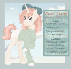 Size: 768x747 | Tagged: safe, artist:pastel-charms, oc, oc:pastel charms, species:pony, species:unicorn, beret, clothing, female, hat, mare, solo, sweater