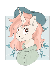 Size: 1536x2048 | Tagged: safe, artist:pastel-charms, oc, oc only, oc:pastel charms, species:pony, species:unicorn, beret, bust, clothing, female, hat, mare, portrait, simple background, solo, sweater, transparent background