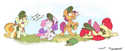 Size: 2500x1031 | Tagged: safe, artist:boreddrawfag, artist:rustydooks, character:apple bloom, character:scootaloo, character:sweetie belle, character:tag-a-long, character:thin mint, species:pegasus, species:pony, apple blob, bipedal, bloated, caught, colored, cookie, cutie mark crusaders, eyes closed, fat, filly guides, filly scouts, floppy ears, prone, raised eyebrow, scout, sitting, smiling, stuffed, tag-a-long, thin mint, underhoof, weight gain, wide eyes, you had one job