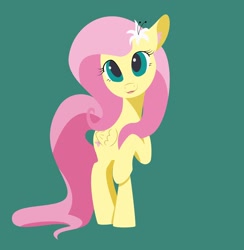 Size: 1920x1964 | Tagged: safe, artist:bluesound, artist:lollipony, character:fluttershy, species:pegasus, species:pony, colored, cute, ear fluff, female, flat colors, flower, flower in hair, folded wings, green background, looking at you, mare, open mouth, raised hoof, shyabetes, simple background, smiling, solo, standing, wings