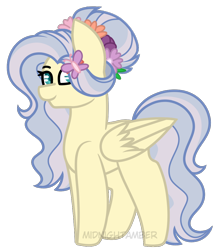 Size: 908x1044 | Tagged: safe, artist:midnightamber, oc, oc only, parent:coco pommel, parent:fluttershy, parents:cocoshy, species:pegasus, species:pony, breeding result, butterfly, female, flower, flower in hair, hairclip, magical lesbian spawn, mare, offspring, simple background, smiling, solo, transparent background