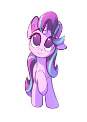 Size: 1000x1400 | Tagged: safe, artist:lollipony, character:starlight glimmer, species:pony, species:unicorn, cheek fluff, cute, ear fluff, female, front view, glimmerbetes, looking up, mare, no pupils, raised hoof, simple background, smiling, solo, wavy mane, white background