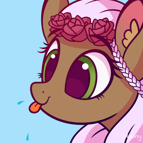 Size: 500x500 | Tagged: safe, artist:lollipony, part of a set, oc, oc only, oc:rosalie, species:pegasus, species:pony, adorable face, animated, commission, cute, female, flower, flower in hair, gif, mare, pbbtt, pegasus oc, raspberry, rose, solo, tongue out, wings, ych result