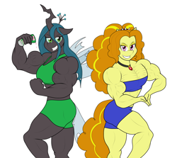 Size: 1952x1745 | Tagged: safe, artist:matchstickman, character:adagio dazzle, character:queen chrysalis, species:anthro, species:changeling, species:earth pony, species:pony, acardio dazzle, changeling queen, clothing, compression shorts, drink, duo, female, flexing, gem, lidded eyes, looking at you, muscles, muscular female, pecs, pose, queen chrysalifts, simple background, siren gem, smiling, smirk, sports bra, tube top, white background