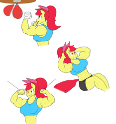 Size: 2048x2200 | Tagged: safe, artist:matchstickman, character:apple bloom, species:anthro, species:earth pony, species:pony, abs, apple bloom's bow, apple brawn, armpits, biceps, bow, boxing, breasts, busty apple bloom, clothing, deltoids, exercise, female, flexing, gritted teeth, hair bow, mare, matchstickman's apple brawn series, muscles, older, older apple bloom, pecs, shorts, simple background, sit-ups, solo, sports, sports bra, sports shorts, sweat, thighs, thunder thighs, tumblr comic, tumblr:where the apple blossoms, white background