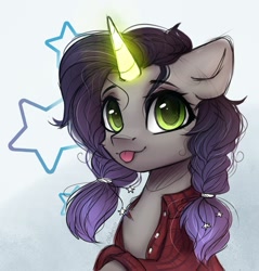 Size: 1280x1339 | Tagged: safe, artist:radioaxi, oc, oc only, oc:moonsonat, species:pony, species:unicorn, blep, button-up shirt, clothing, female, floppy ears, glowing horn, horn, looking at you, mare, shirt, solo, tongue out