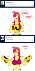 Size: 1280x2540 | Tagged: safe, artist:matchstickman, character:apple bloom, species:anthro, species:earth pony, species:pony, angry, apple brawn, biceps, breasts, busty apple bloom, clothing, comic, deltoids, dialogue, female, fingerless gloves, gloves, gritted teeth, jeans, looking at you, mare, matchstickman's apple brawn series, meme, midriff, muscles, muscular female, older, older apple bloom, pants, pecs, phone book, simple background, solo, speech bubble, sports bra, talking to viewer, this will end in pain, this will end in tears, triggered, tumblr comic, tumblr:where the apple blossoms, white background