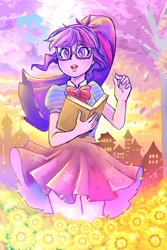 Size: 1000x1500 | Tagged: safe, artist:hobilo, character:twilight sparkle, character:twilight sparkle (scitwi), species:eqg human, g4, my little pony: equestria girls, my little pony:equestria girls, book, building, cherry blossoms, colored pupils, cute, female, flower, flower blossom, open mouth, solo, spring, tree, twiabetes