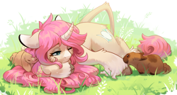 Size: 2700x1447 | Tagged: safe, artist:peachmayflower, oc, oc only, oc:tarot, species:classical unicorn, species:pony, species:rabbit, species:unicorn, animal, cloven hooves, curved horn, cute, digital art, female, floppy ears, fluffy, freckles, grass, grass field, horn, leonine tail, long mane, long tail, mare, palomino, pink mane, smiling, solo, unshorn fetlocks