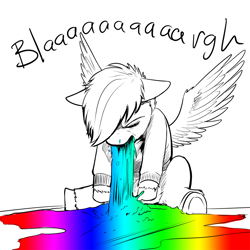 Size: 1000x1000 | Tagged: safe, artist:aphexangel, character:scootaloo, species:pegasus, species:pony, partial color, puking rainbows, rainbow barf, spread wings, stalkerloo, vomit, vomiting, wings