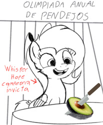 Size: 758x918 | Tagged: safe, artist:rsa.fim, oc, oc only, oc:whisper hope, species:pegasus, species:pony, avocado, broken teeth, competition, female, food, mare, ribbon, sketch, spanish, stupidity, table, tail wrap