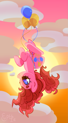 Size: 539x960 | Tagged: safe, artist:euphoriapony, character:pinkie pie, species:earth pony, species:pony, balloon, cloud, cute, diapinkes, female, floating, flying, heart eyes, mare, no pupils, sky, solo, sun, then watch her balloons lift her up to the sky, upside down, wingding eyes