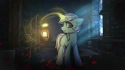 Size: 3000x1685 | Tagged: safe, artist:radioaxi, character:lyra heartstrings, species:pony, species:unicorn, amnesia the dark descent, crossover, female, flower, lantern, petals, rose, solo